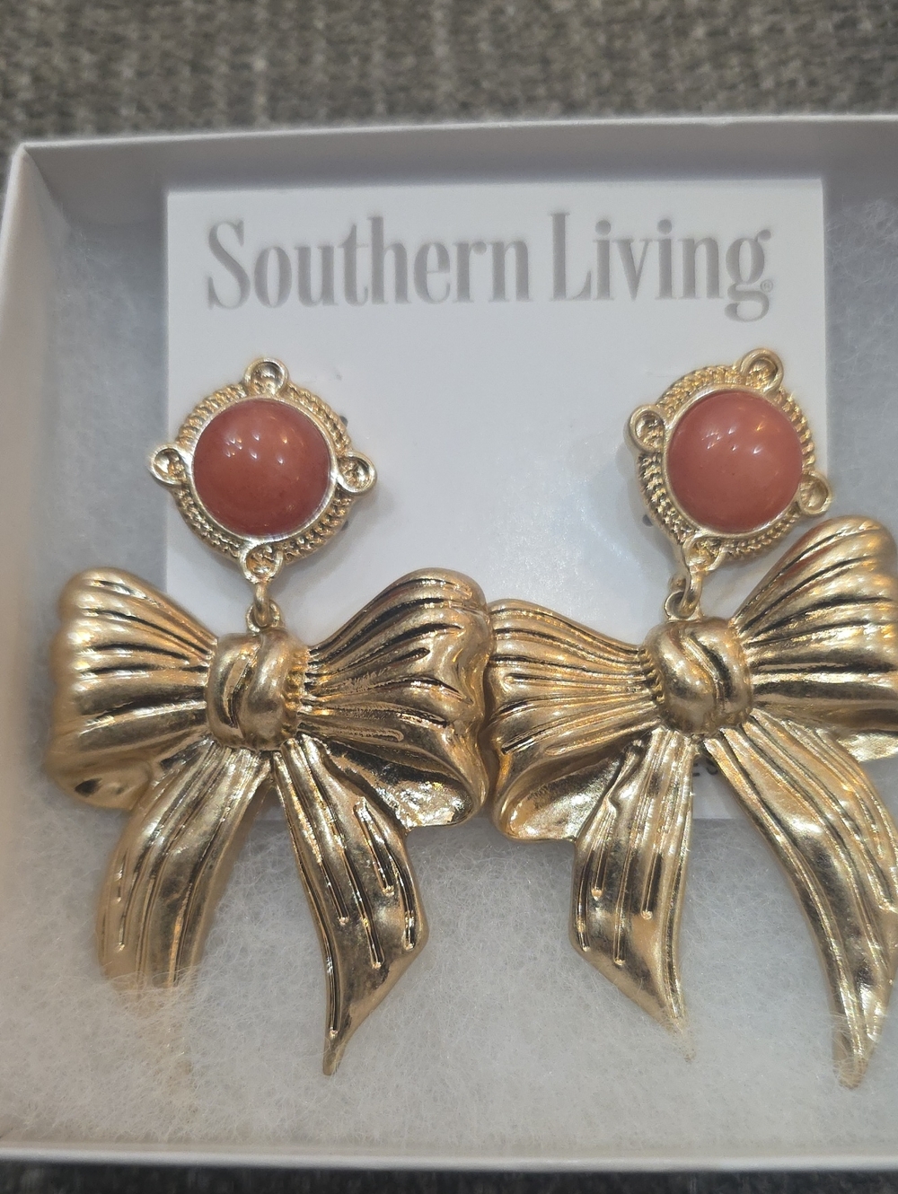Southern Living Gold Bow Drop Earrings with Coral Stone -